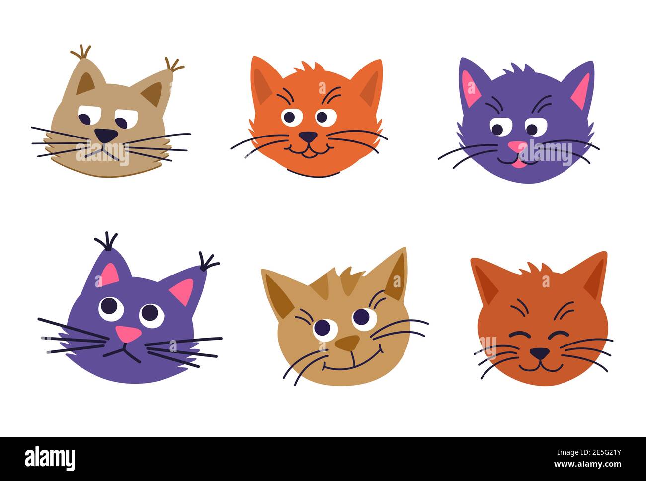 Set Gesichter von niedlichen Katzen auf einem weißen Hintergrund. Glücklich, traurig und nachdenklich Katzen isoliert. Vektor-Cartoon Illustration in flach. Sammlung von Katzenköpfen Stock Vektor