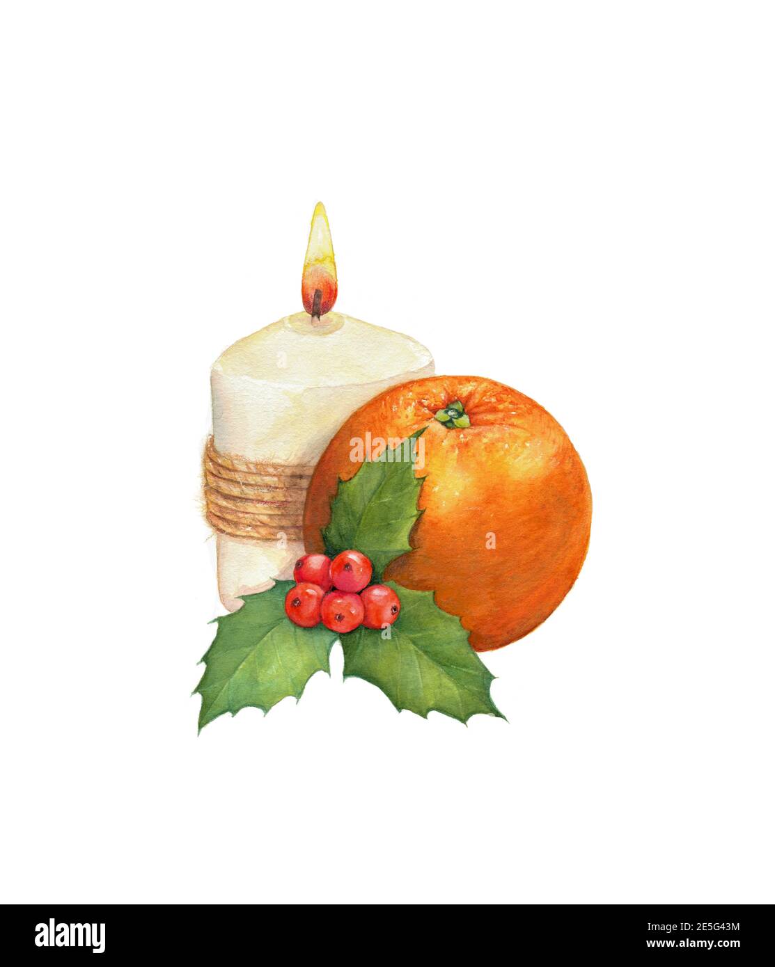 Weihnachtskomposition: Kerze, Orange und ein Zweig Mistel. Stockfoto