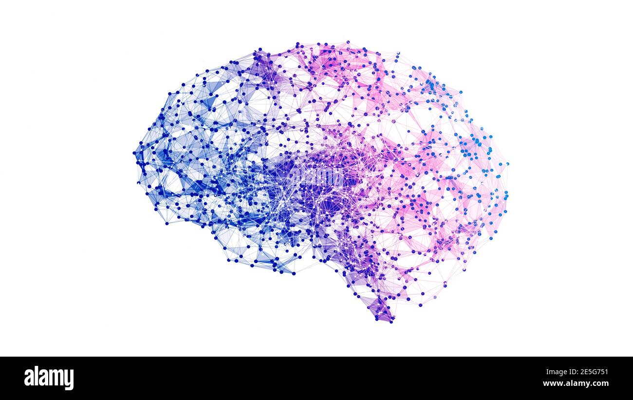Abstrakte geometrische Gehirn mit Netzwerkverbindungen. 3D-Render Abbildung auf weißem Hintergrund Stockfoto