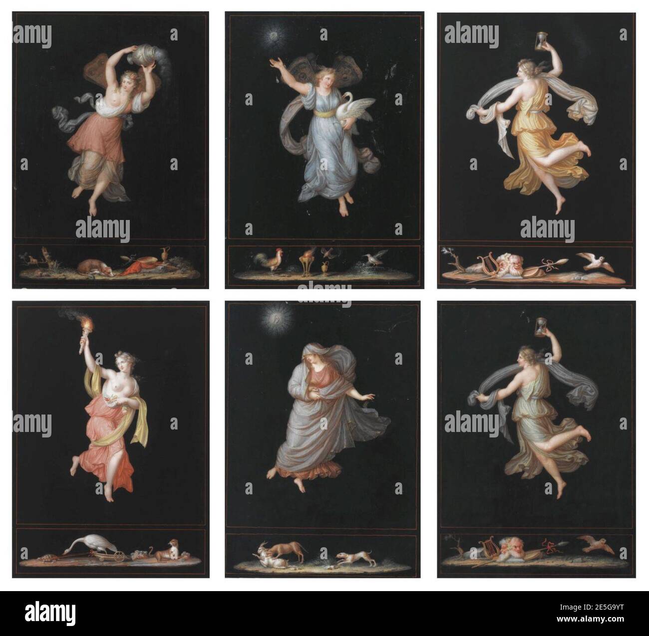 Michelangelo Maestri, EINE Gruppe von sechs allegorischen Frauenfiguren, fünf Stunden Nacht, eine Stunde Tag, 6er-Set, Gouache auf Papier, jeweils ca. 42 x 31 cm. Stockfoto