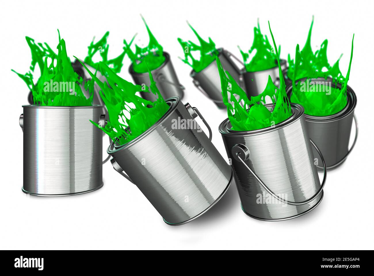 Lebendige grüne Farbdosen fallen über Spritzlack auf einem 3D-Rendering mit weißem Hintergrund Stockfoto