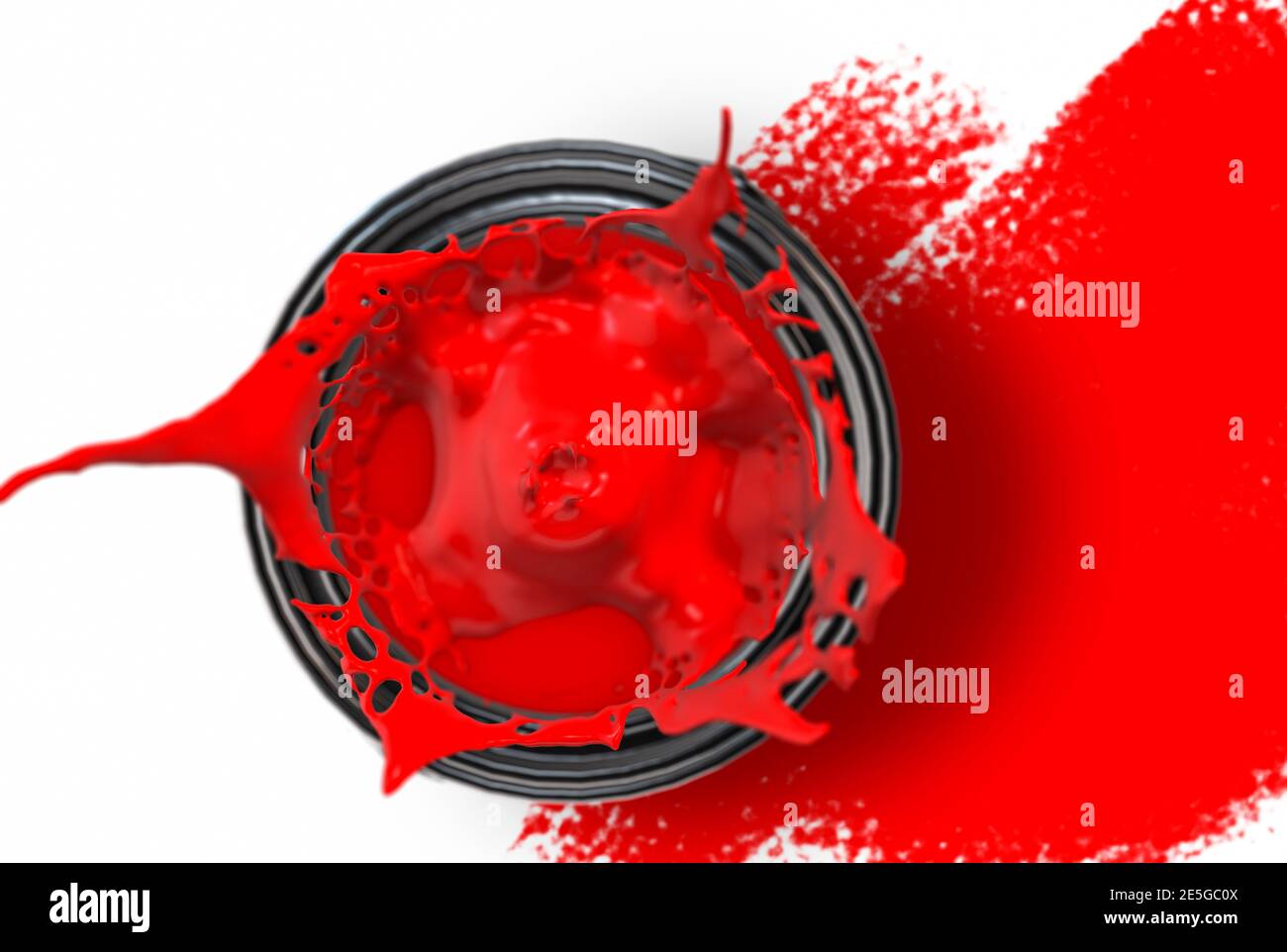 Blick direkt auf eine lebendige Dose roter Farbe 3D-Rendering mit Spritzwasser über den Boden Stockfoto