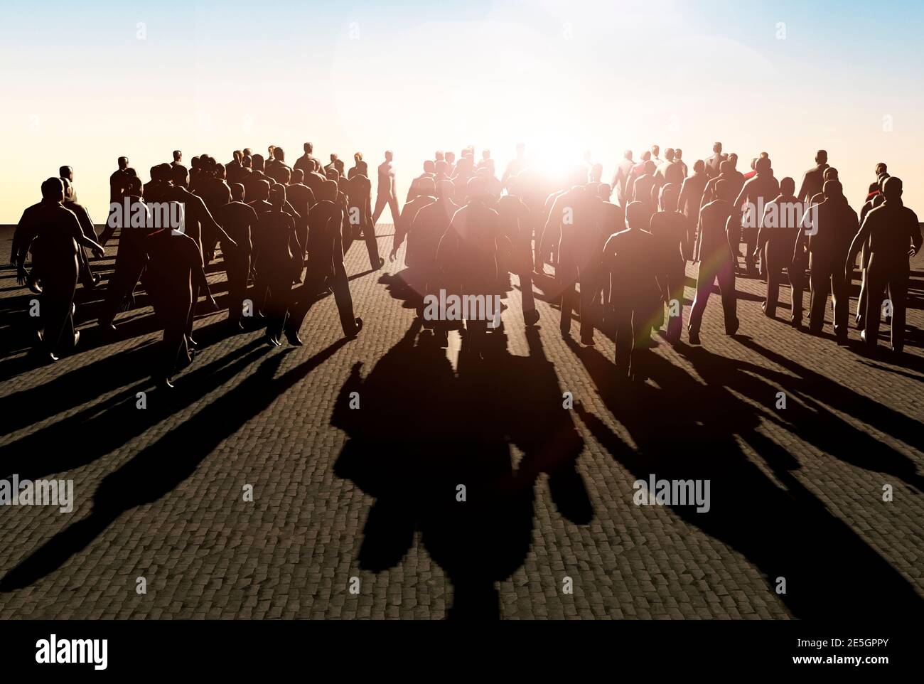 Große Menschenmenge, die zum Konzept bei Sonnenuntergang hetzt 3d-Rendering Stockfoto