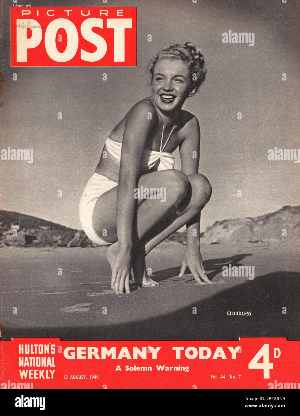 1949 Bild Post Frontabdeckung Frau im Bikini auf dem Strand Stockfoto