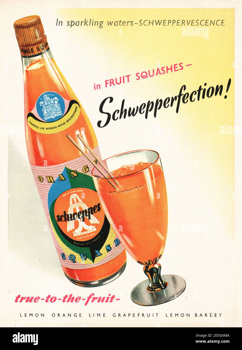 1950 Werbung des britischen Magazins Schweppes Fruit Squash Stockfoto
