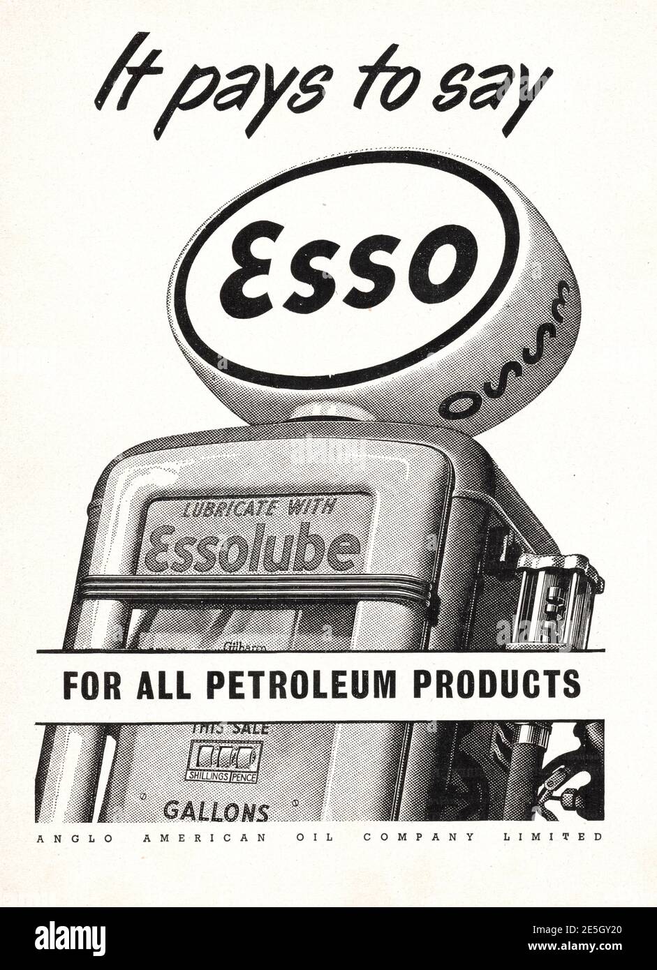 1950 Werbung des britischen Magazins Esso Benzinpumpe Stockfoto