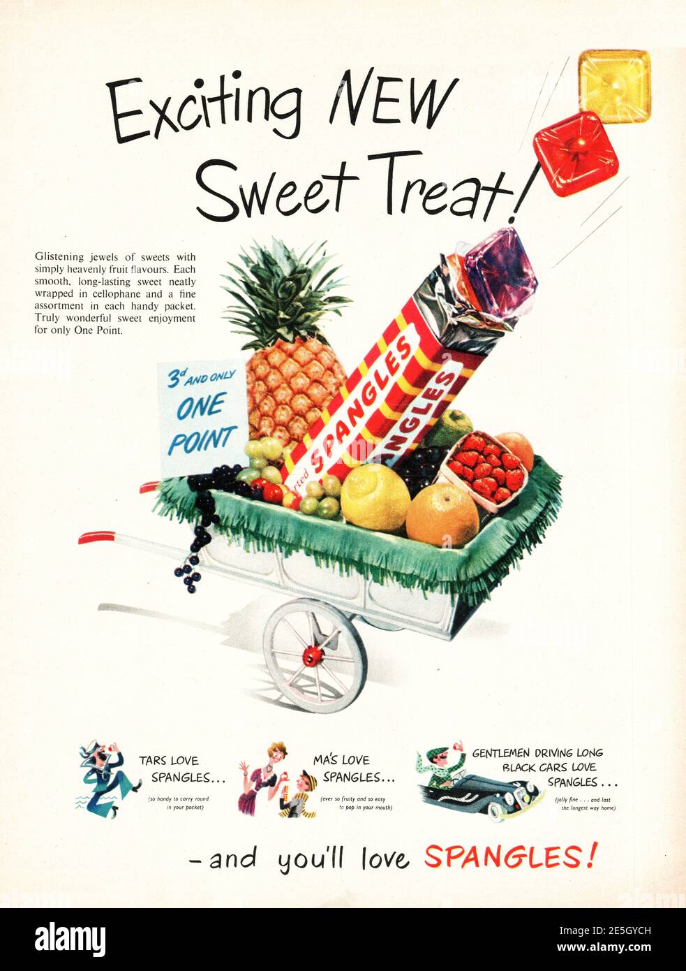 1950 Werbung für das britische Magazin Spangles Sweets Stockfoto
