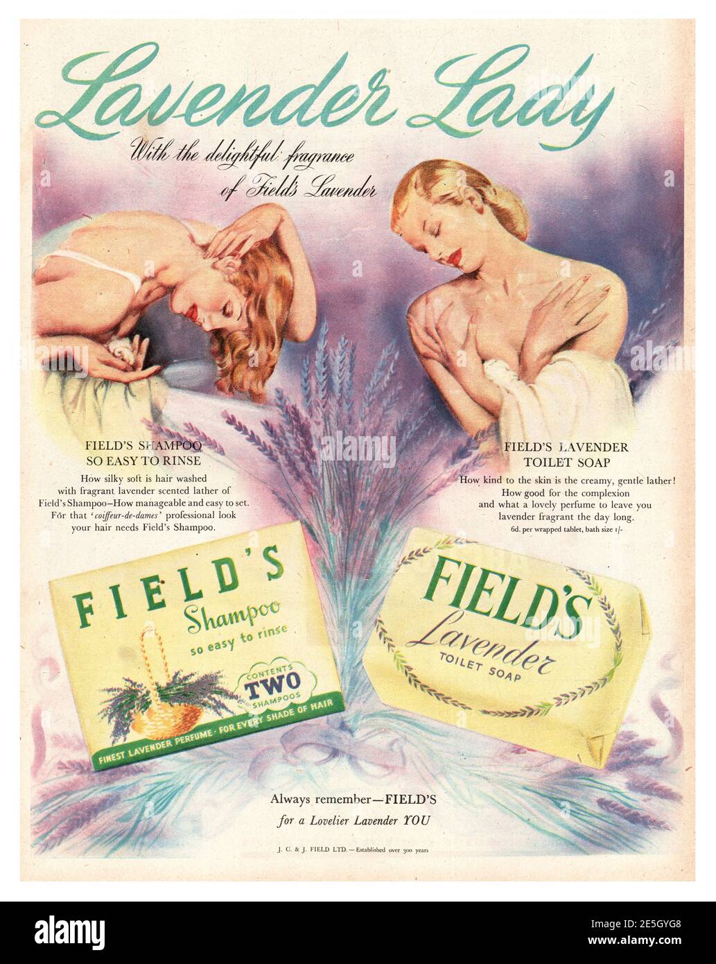 1950 UK-Werbespot Field's Lavander Soap Stockfoto