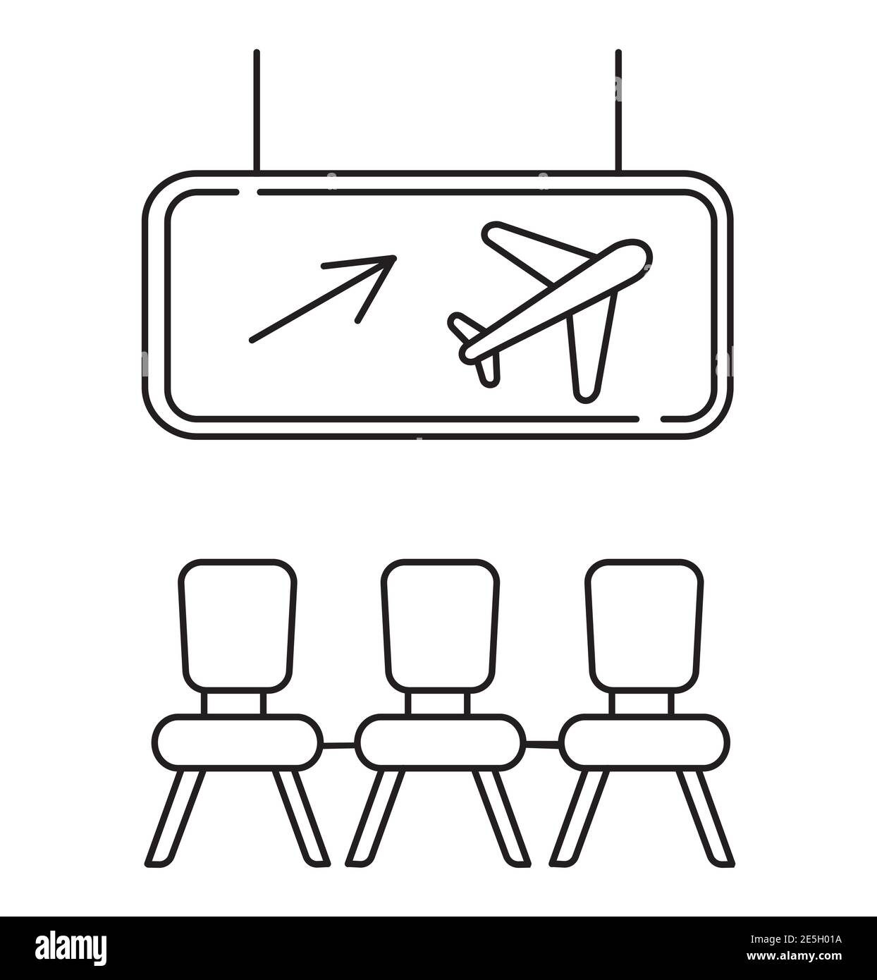 Symbolvektor für den Abflugbereich. Das Schild für die Flughafen-Transitzone ist in Gliederungsform dargestellt. Armaturenbrett mit Airline und Pfeil nach oben. Stock Vektor