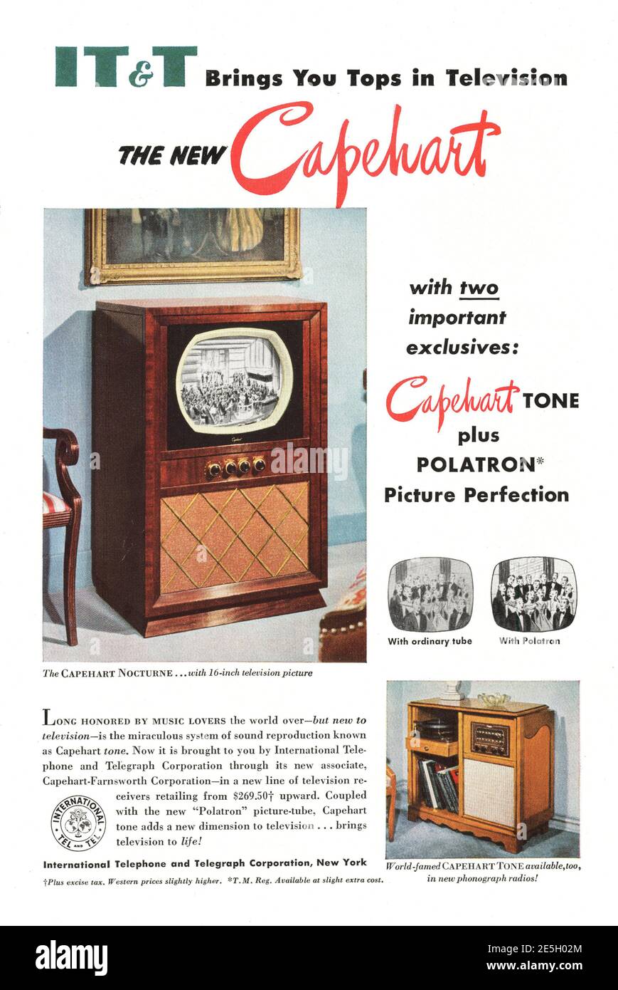 1950 IT&T-Fernsehgeräte in den USA Stockfoto