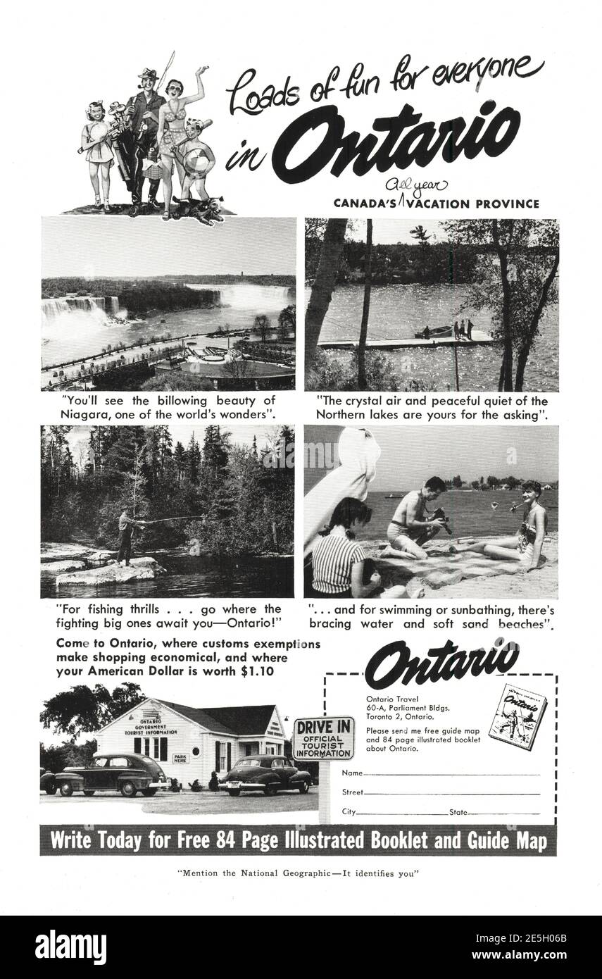 1950 US-Anzeige Ontario Province Travel Stockfoto