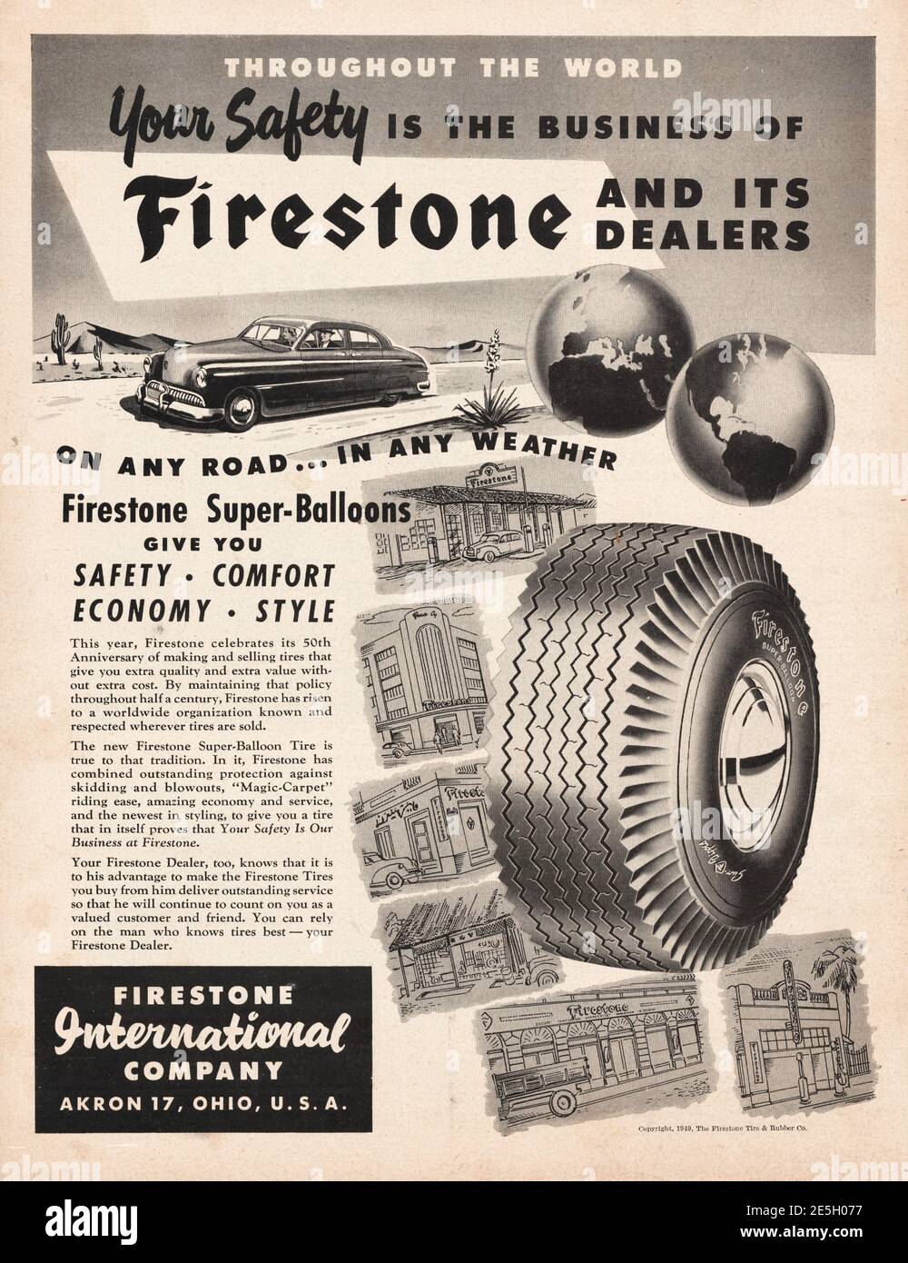1950 US Magazine Firestone Reifen Werbung Stockfoto