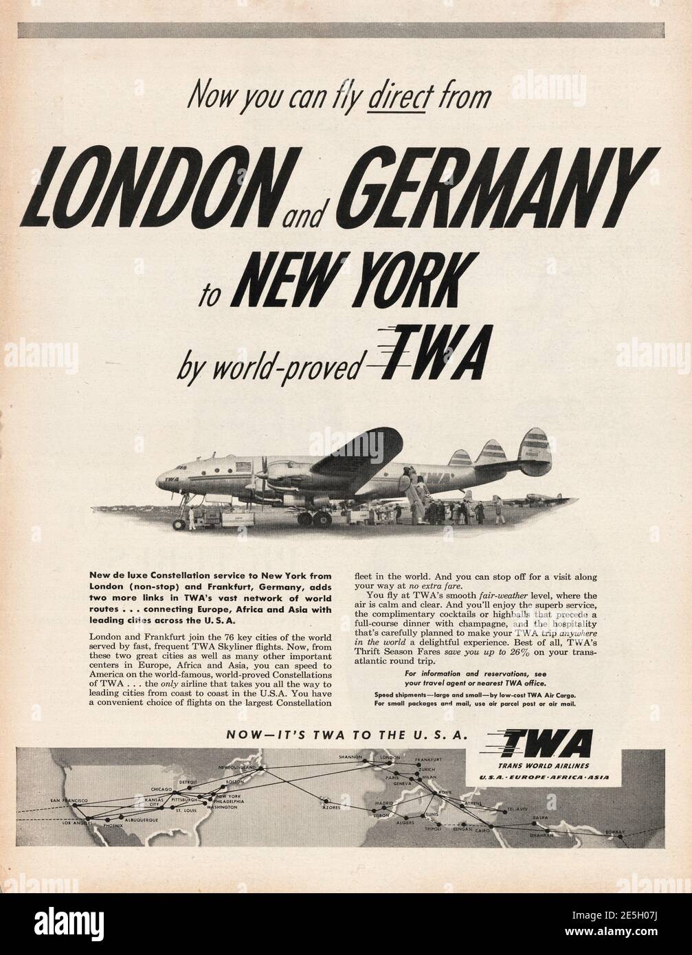 1950 UK Magazine TWA-Werbung Stockfoto