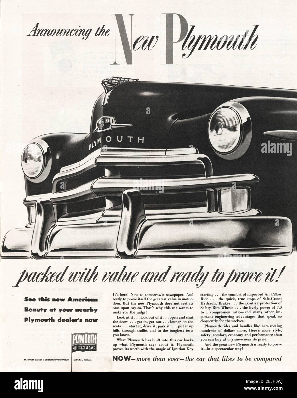 1950 US Magazine Plymouth Cars Werbung Stockfoto