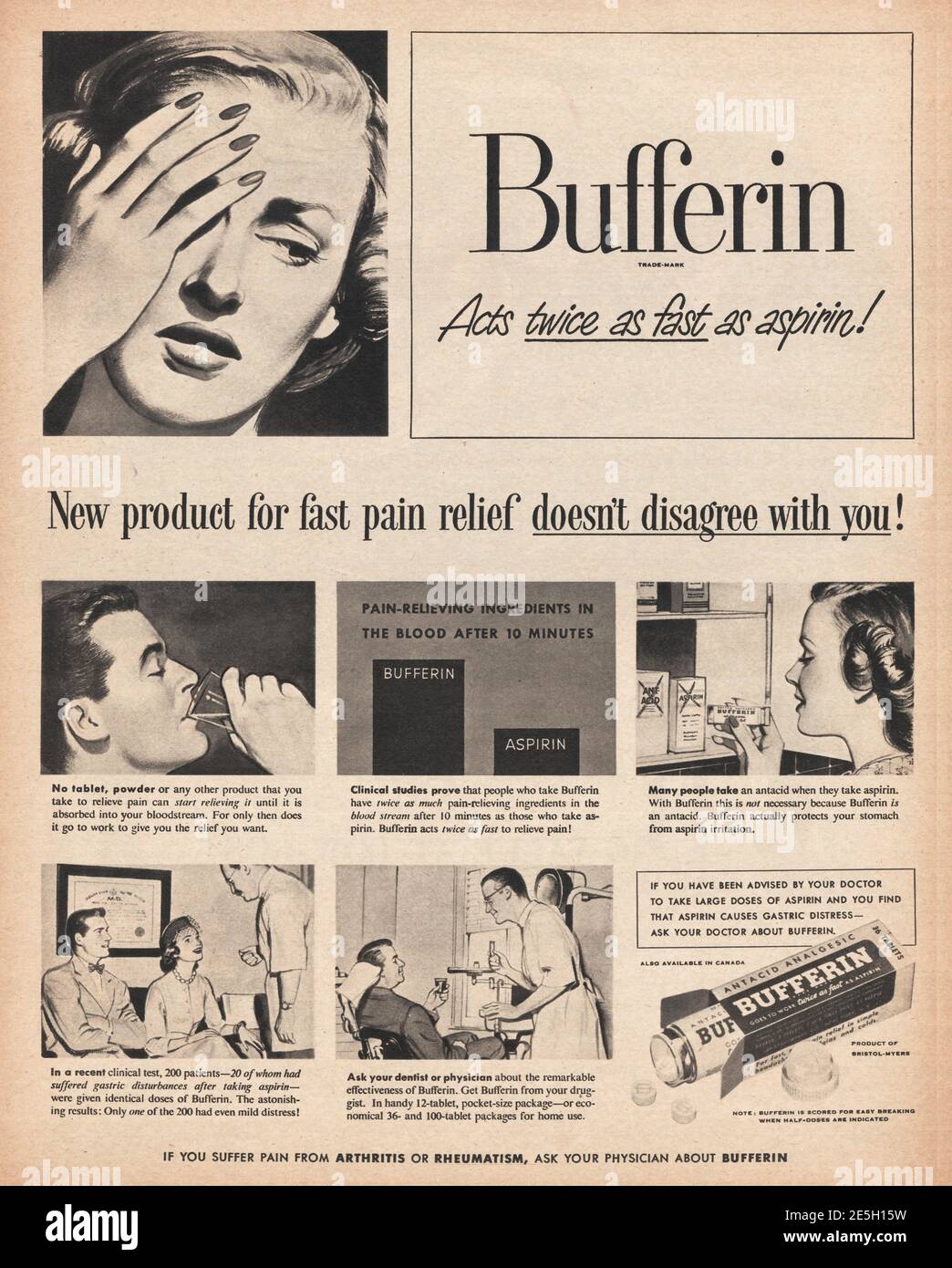 1950 US Magazine Bufferin Werbung Stockfoto