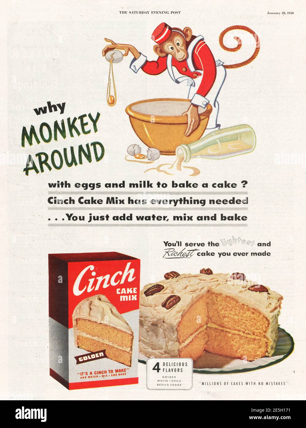 1950 US Magazine Cinch Cake Mixes Ad Stockfoto