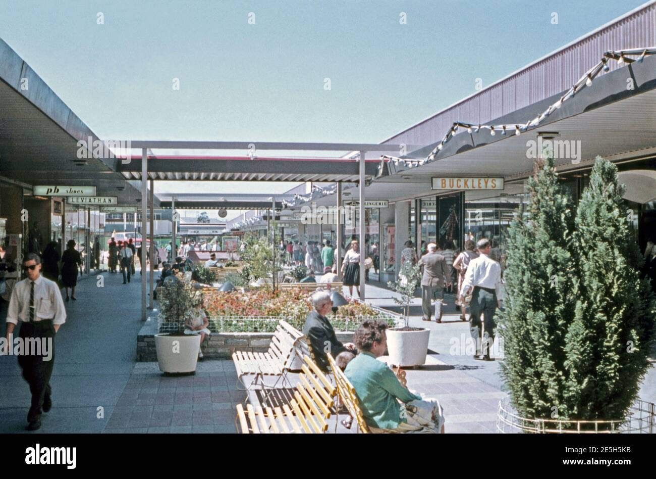 Eine australische Fußgängerzone im Jahr 1961. Chadstone Shopping Centre (‘Chaddy’) ist ein großes regionales Einkaufszentrum im südöstlichen Vorort Malvern East, Melbourne, Victoria, Australien. Chadstone Shopping Centre ist das größte Einkaufszentrum in Australien und behauptet, das größte in der südlichen Hemisphäre zu sein. Das Zentrum wurde 1960 eröffnet und war das erste eigenständige regionale Einkaufszentrum in Melbourne. Es umfasst Ankerläden wie die Kaufhäuser Myer und David Jones. Stockfoto