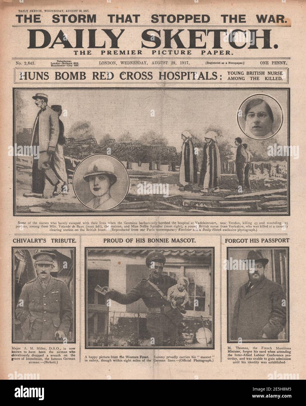 1917 Daily Sketch Deutsche Bombe Französisch Krankenhaus Stockfoto