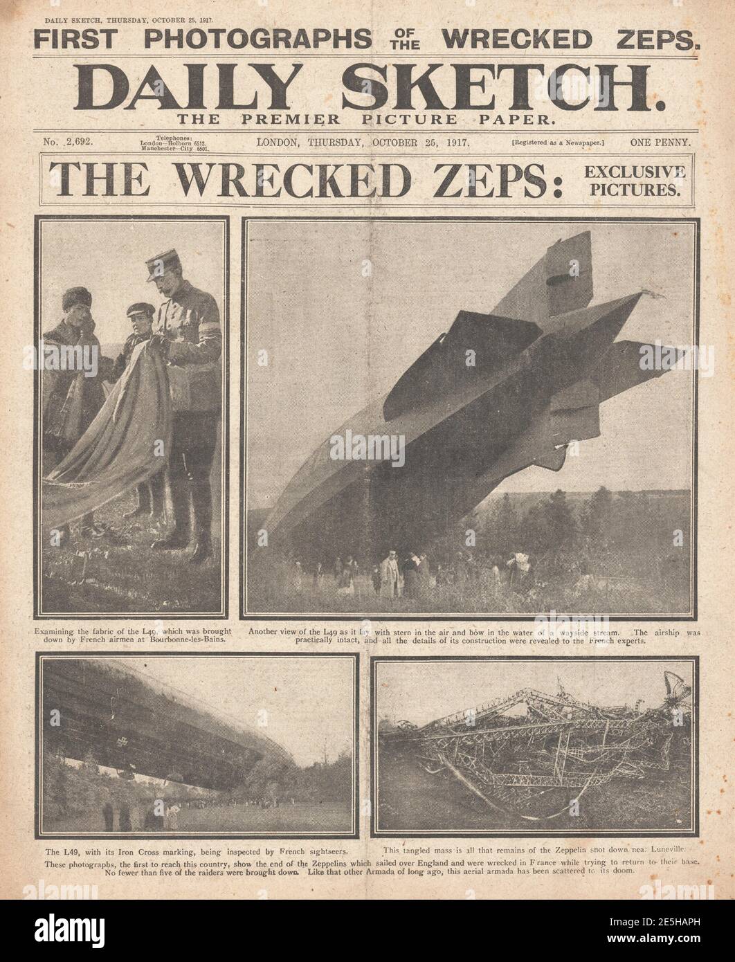 1917 Daily Sketch Zeppeline zerschlagen in Frankreich Stockfoto