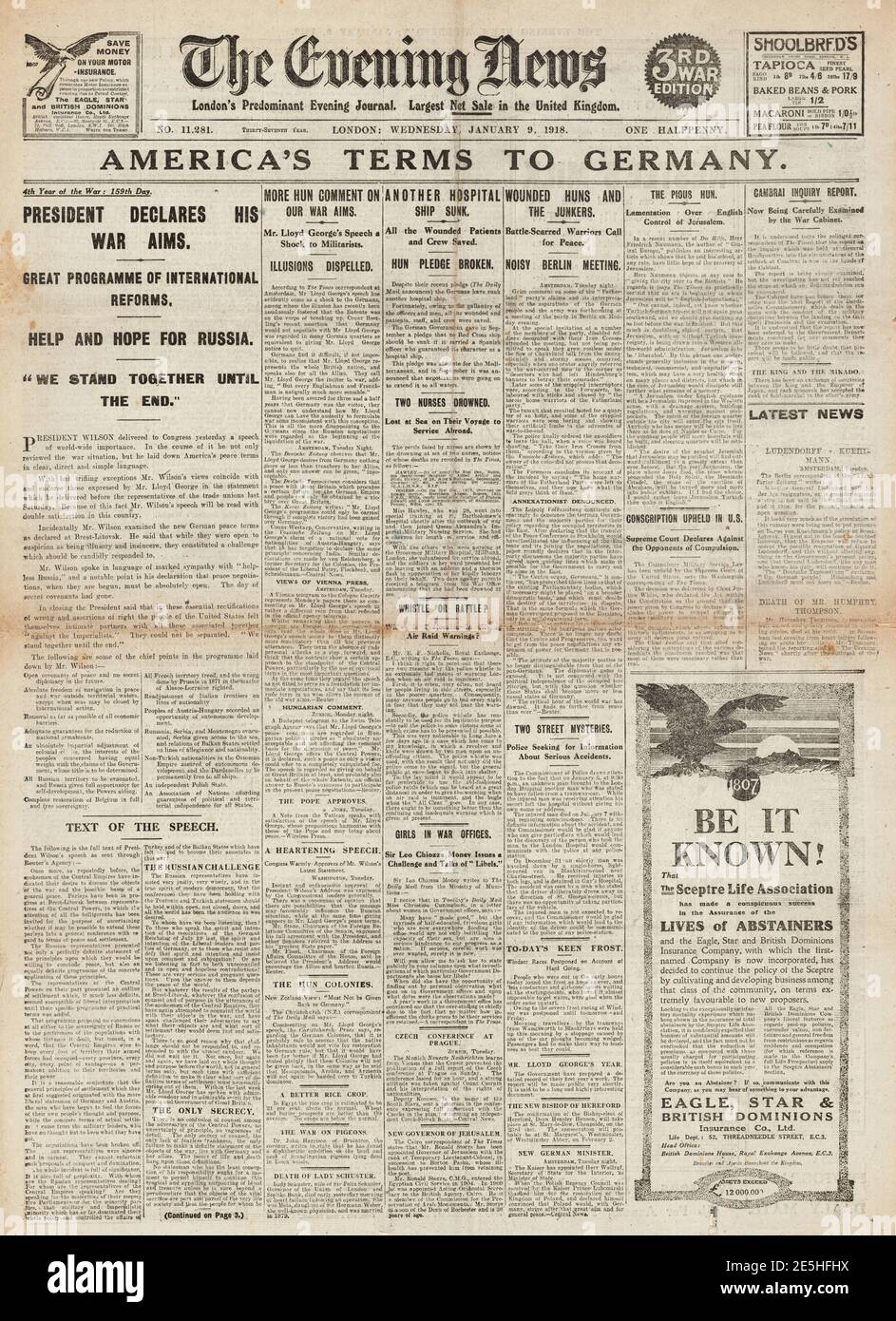 1918 Evening News Präsident Wilson setzt Friedensbedingungen Stockfoto