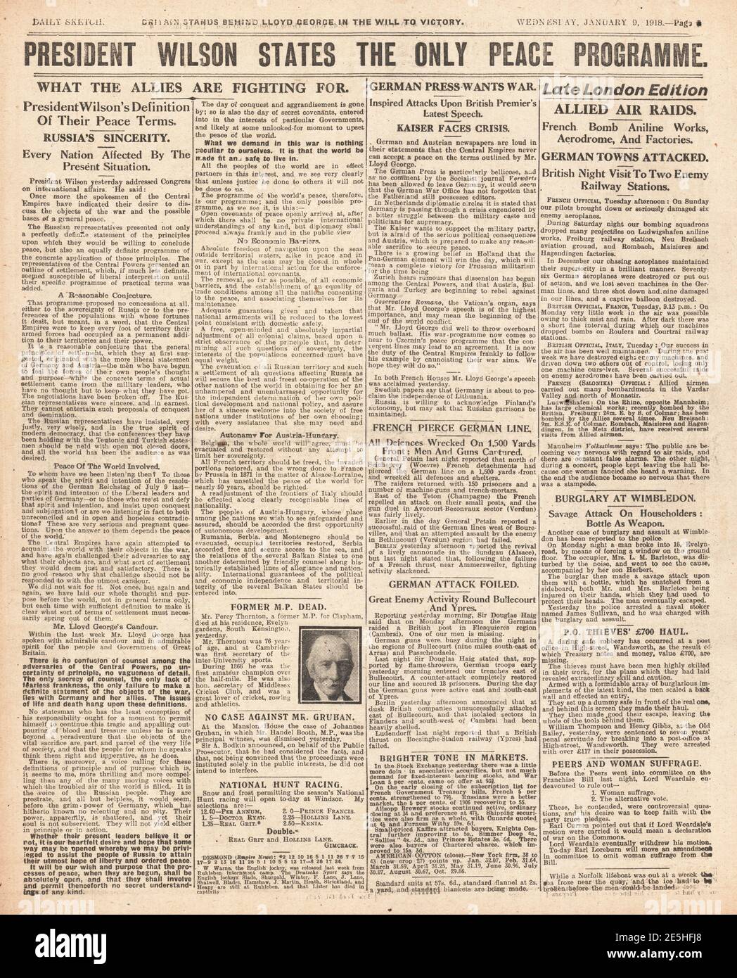 1918 Daily Sketch Präsident Wilson setzt Friedensbedingungen Stockfoto