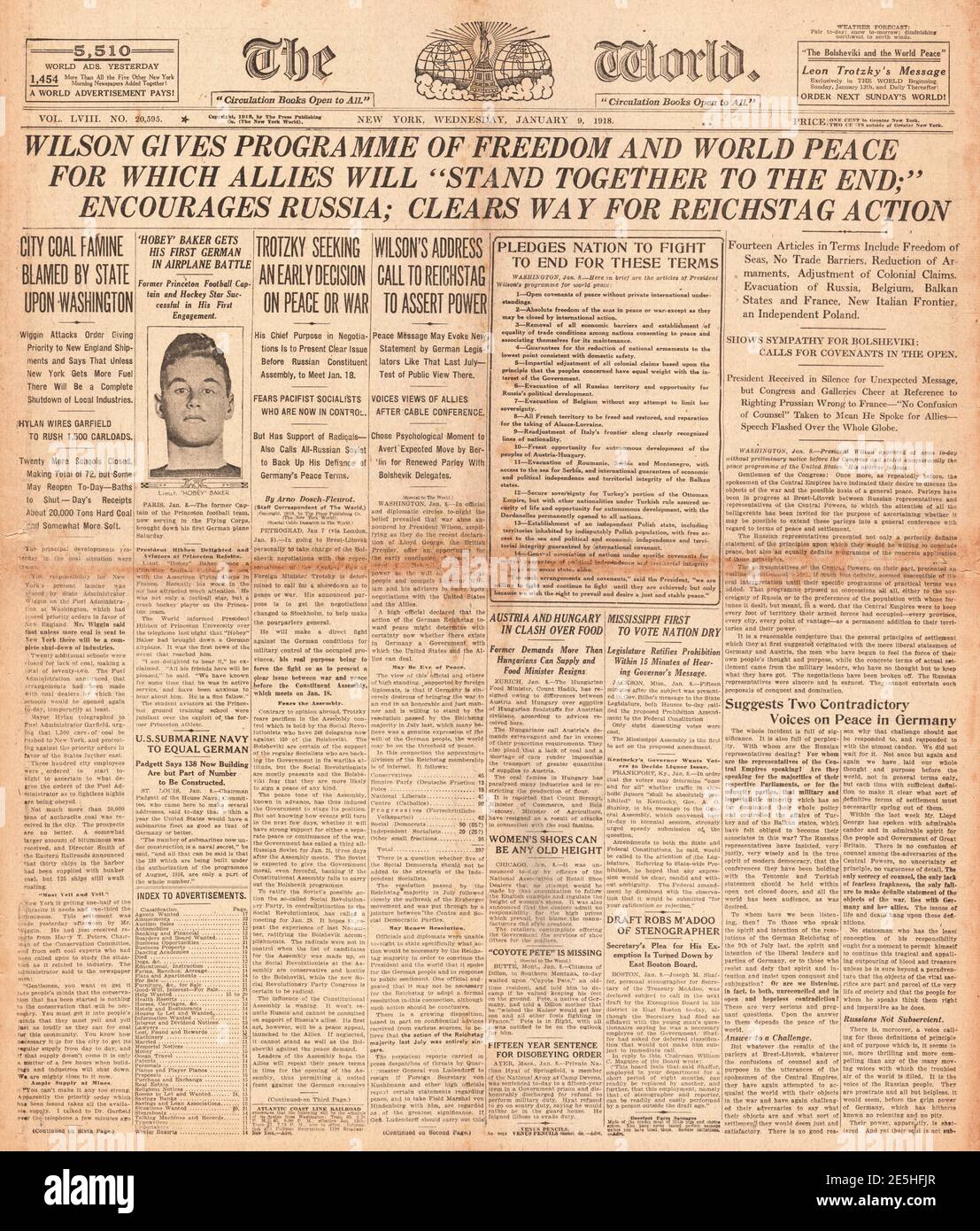 1918 die Welt (New York) Präsident Wilson setzt Friedensbedingungen Stockfoto