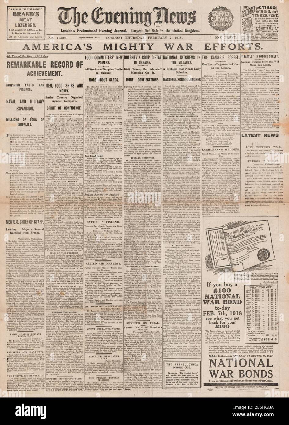 1918 Evening News Amerikas Kriegsanstrengungen Stockfoto