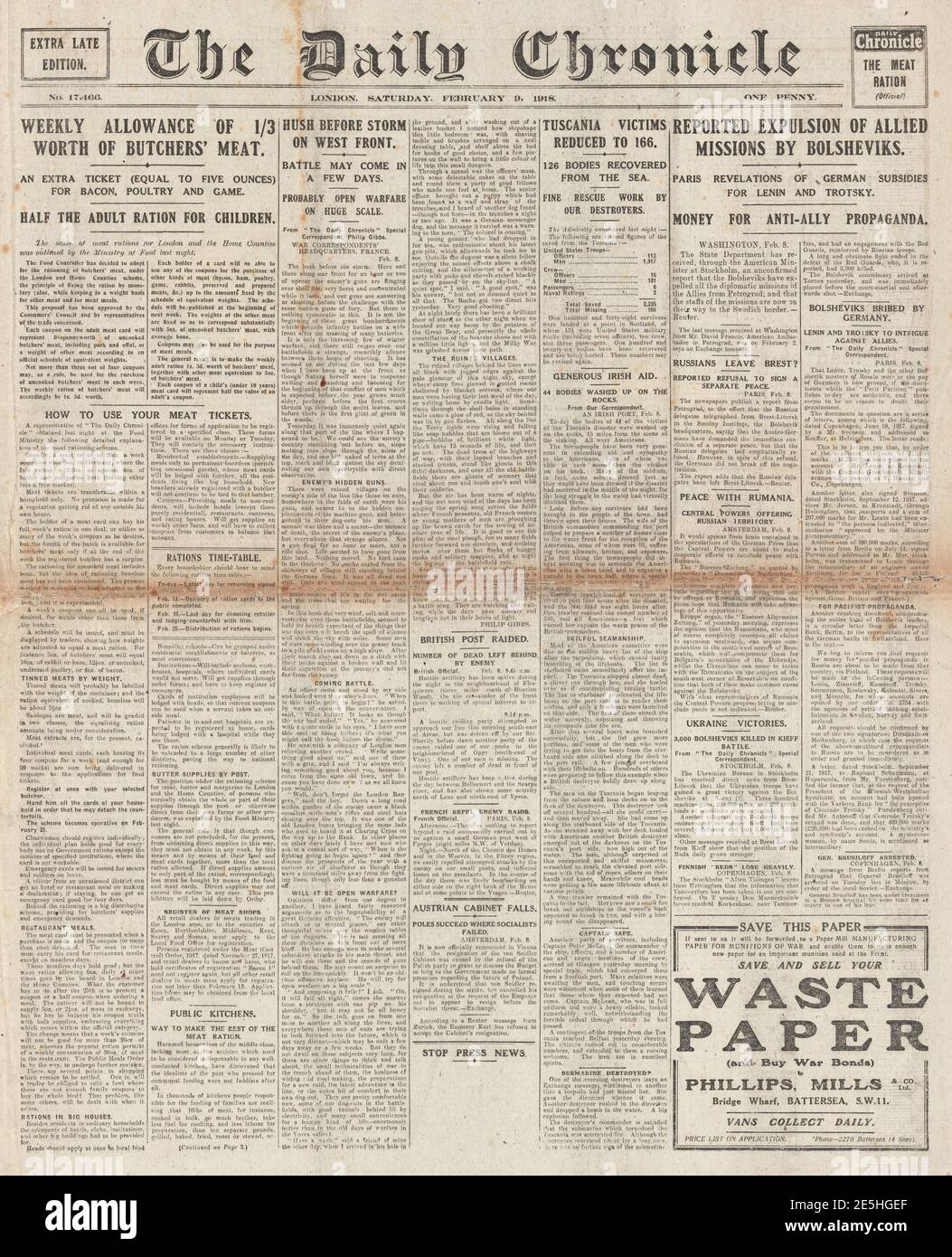 1918 Daily Chronicle Lenin vertreibt alliierte Botschafter Stockfoto