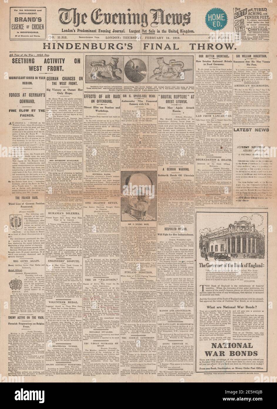 1918 Evening News Deutschland plant Offensive an der Westfront Stockfoto