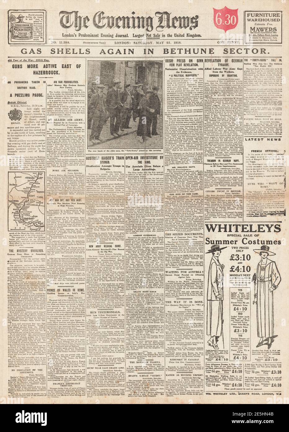 1918 Evening News Gas an der Westfront verwendet Stockfoto