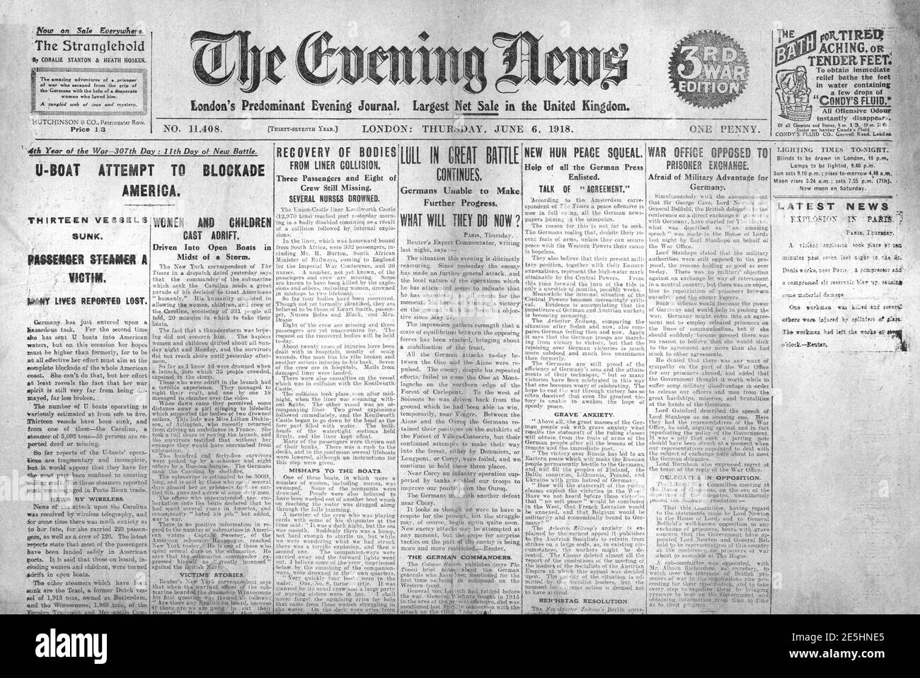 1918 Evening News U-Boat attacks off US Coast Stockfoto