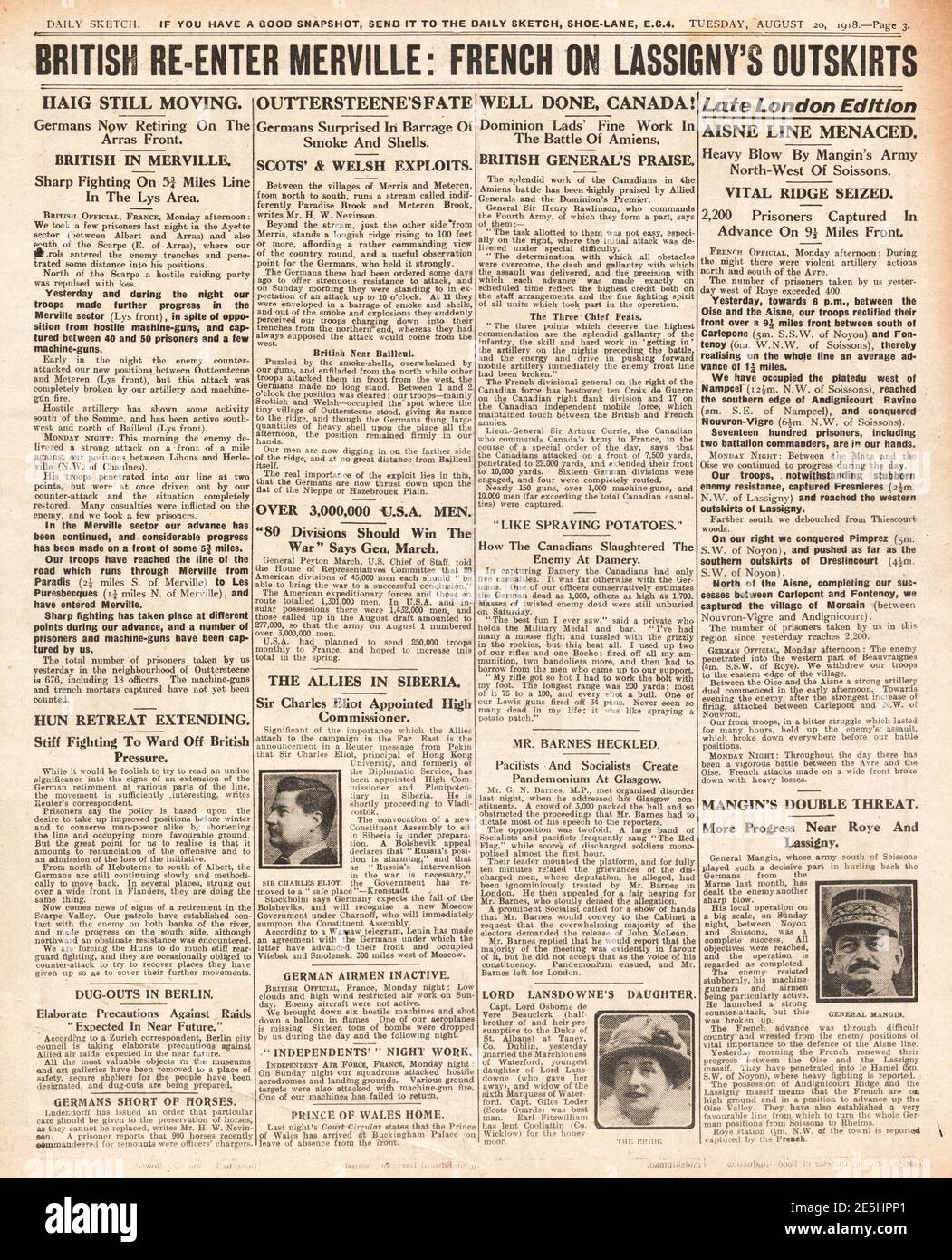 1918 Daily Sketch Britische Armee erobern Merville Stockfoto