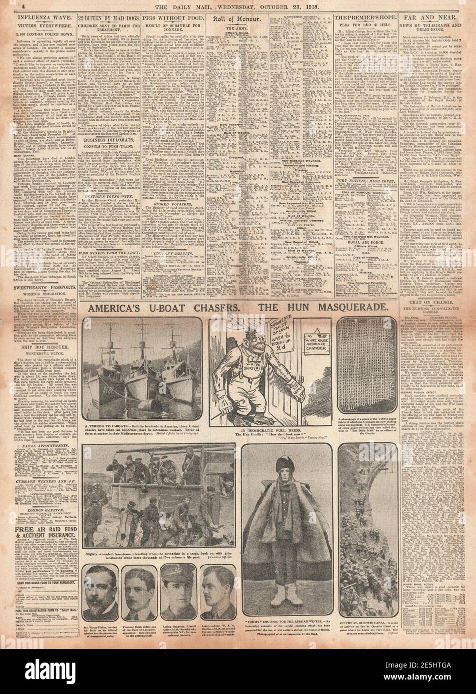1918 Daily Mail Rückseite Spanische Grippe-Pandemie Stockfoto