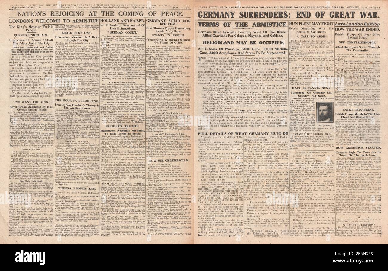 1918 Daily Sketch Waffenstillstand und Kapitulation Deutschlands Stockfoto