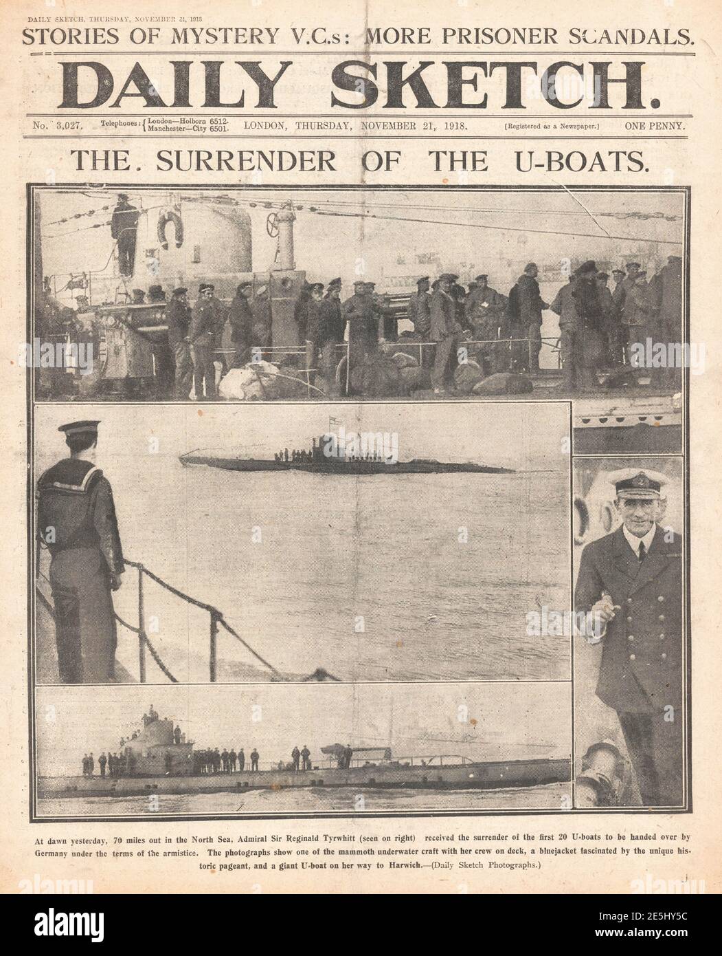 1918 Daily Sketch Titelseite Kapitulation deutscher U-Boote Stockfoto