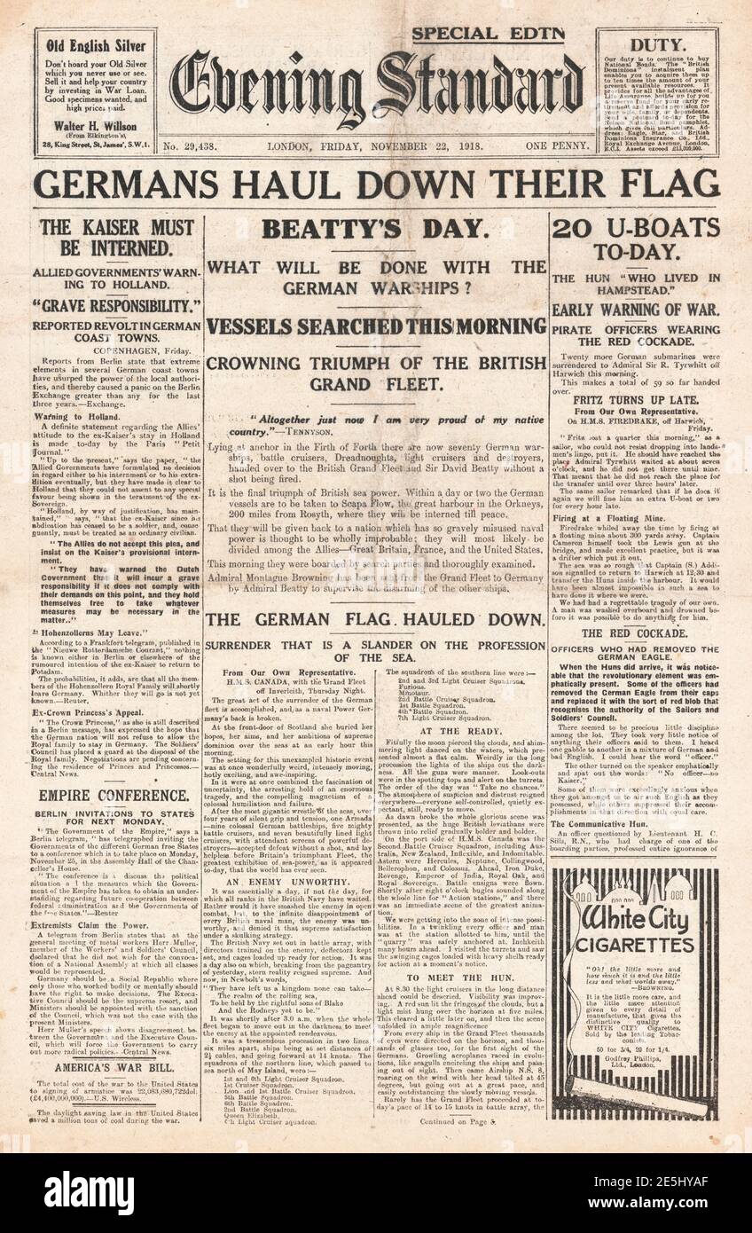 1918 Abend Standardübergabe der deutschen Hochseeflotte Stockfoto