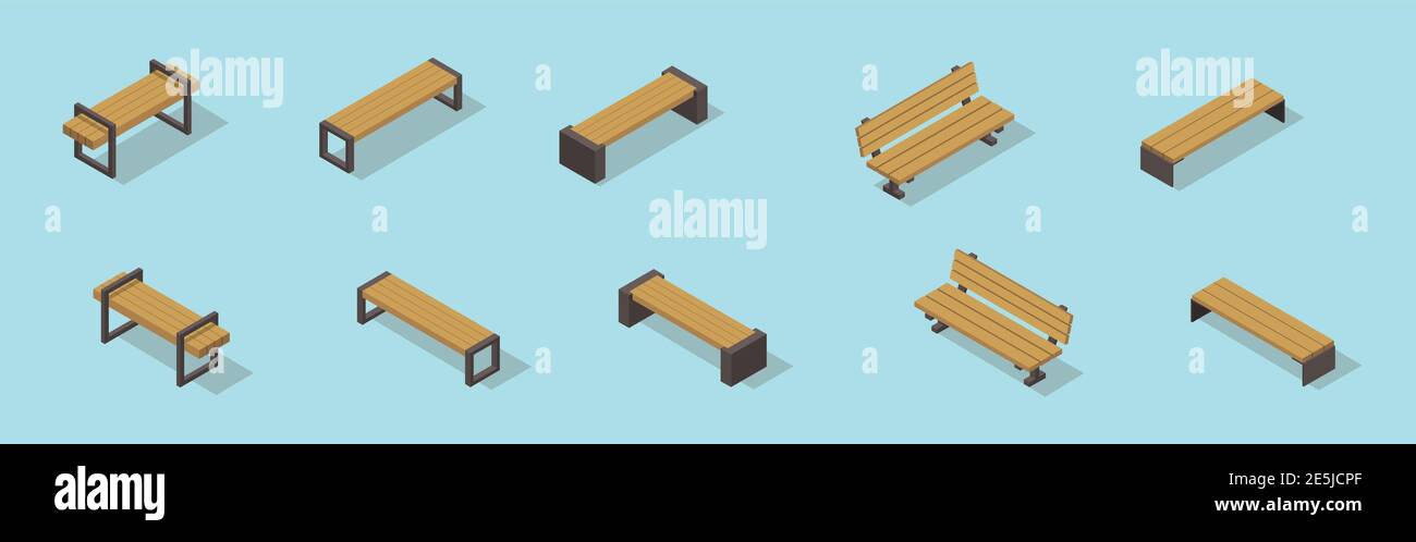 Bänke. Satz isometrischer Vektorbänke. Holzbänke. Parkbänke. Sitzbänke im Freien. Stock Vektor