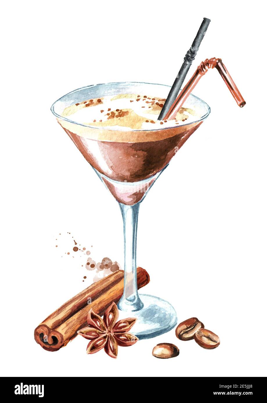 Espresso martini Cocktail mit Kaffeesorten und Gewürzen. Aquarell handgezeichnete Illustration, isoliert auf weißem Hintergrund Stockfoto