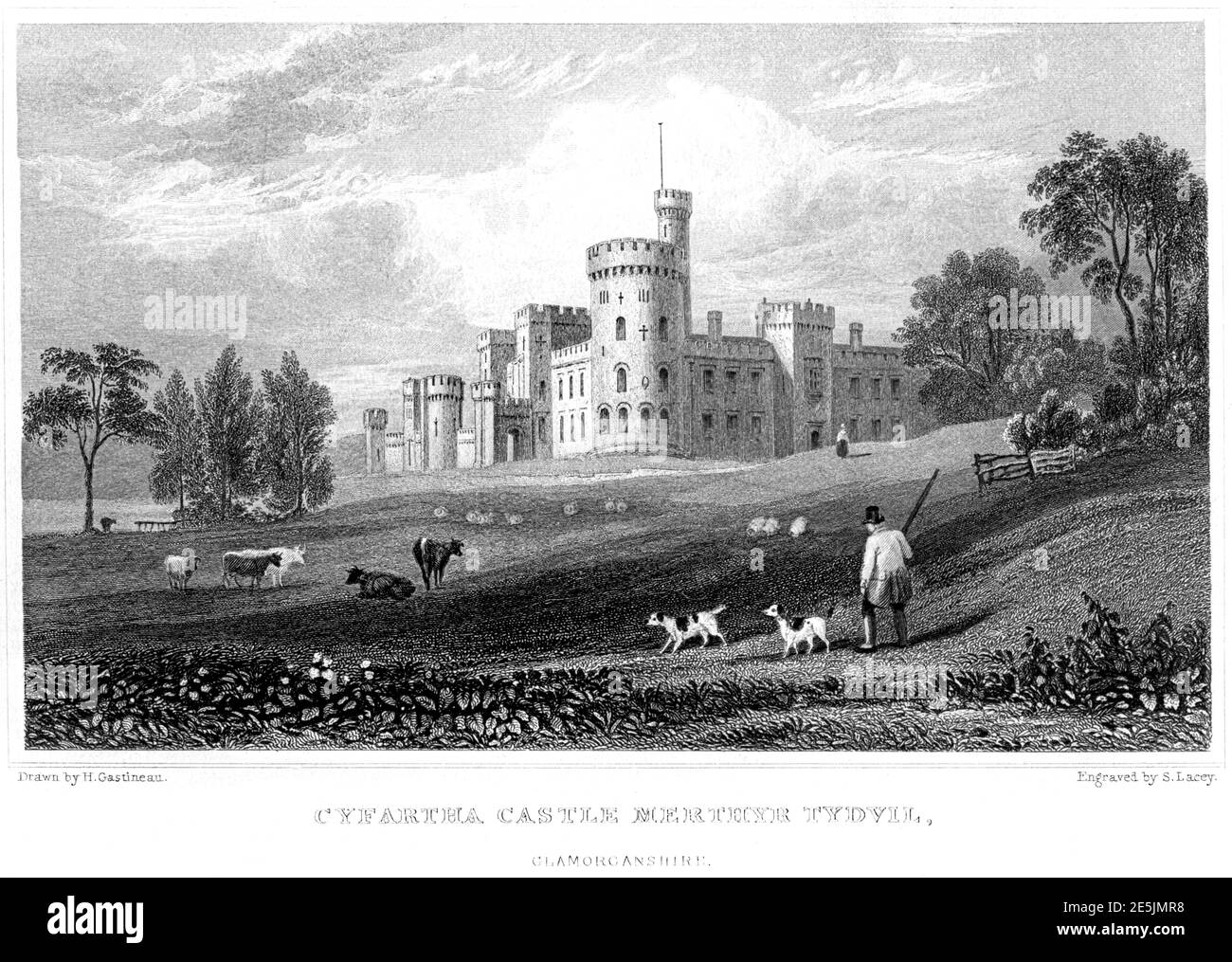 Ein Stich von Cyfartha (Cyfarthfa) Castle Glamourganshire gescannt in hoher Auflösung aus einem Buch im Jahr 1854 veröffentlicht. Für urheberrechtlich frei gehalten. Stockfoto