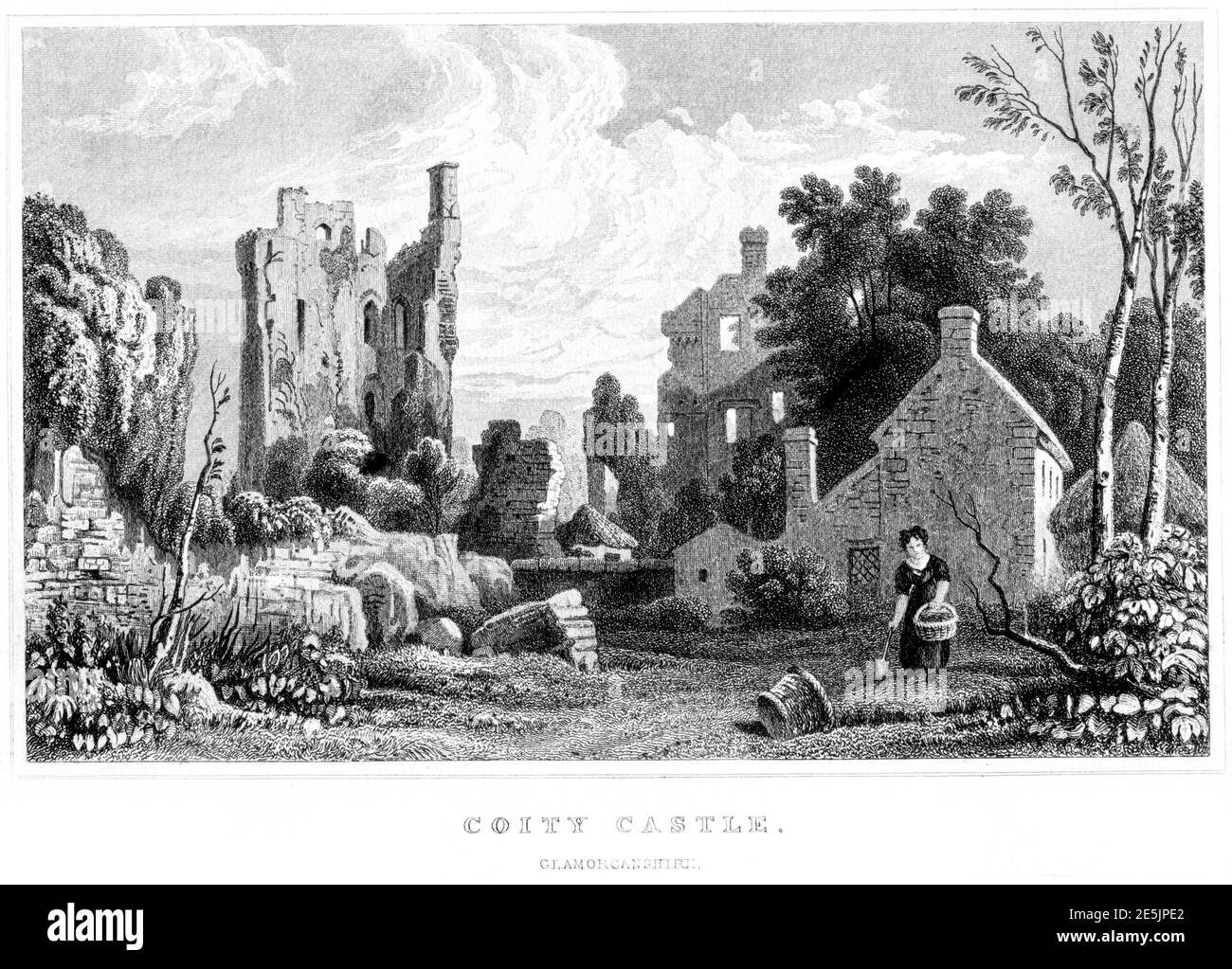 Ein Stich von Coity Castle, Glamorganshire, gescannt mit hoher Auflösung von einem Buch im Jahr 1854 veröffentlicht. Für urheberrechtlich frei gehalten. Stockfoto