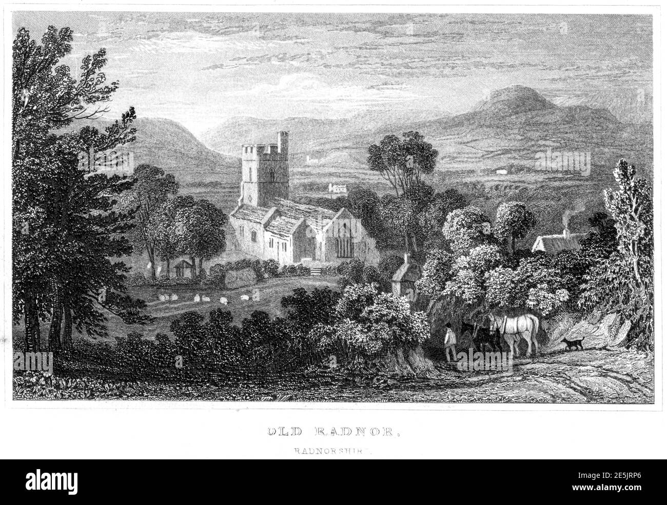 Ein Stich von Old Radnor, Radnorshire gescannt mit hoher Auflösung aus einem Buch im Jahr 1854 veröffentlicht. Für urheberrechtlich frei gehalten. Stockfoto