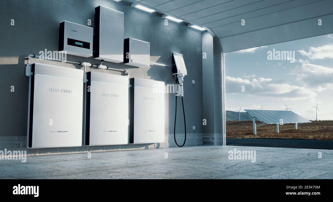 Konzept eines Energiespeichersystems für zu Hause auf Basis eines Lithium-Ionen-Akku in einer modernen Garage mit Blick auf eine weite Landschaft mit Solarstrom Stockfoto