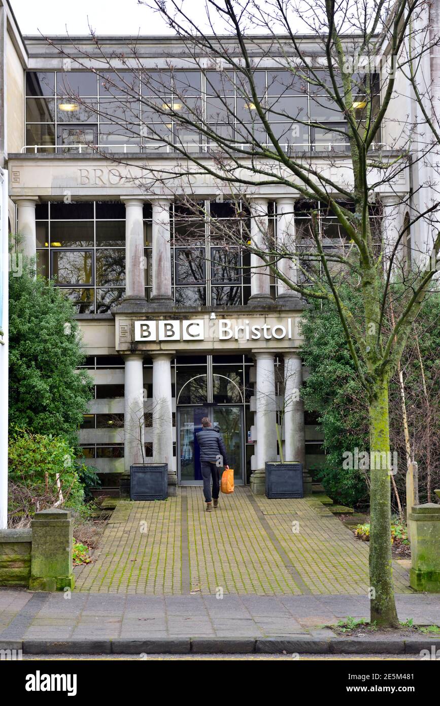 Vordereingang BBC Bristol Broadcasting House Gebäude an Whiteladies Rd, Bristol, Großbritannien Stockfoto