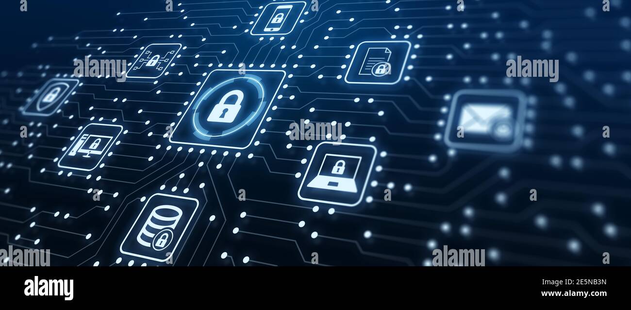 Datenschutz und Cyber-Sicherheit im Internet-Servernetzwerk mit sicherem Zugriff zum Schutz der Privatsphäre vor Angriffen. Abbildung mit elektronischer Umr Stockfoto