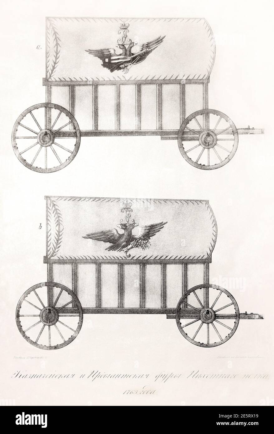 Schatzkammer und Vorsorgewagen des Infanterie-Regiments im Russischen Reich im Jahr 1763. Stockfoto