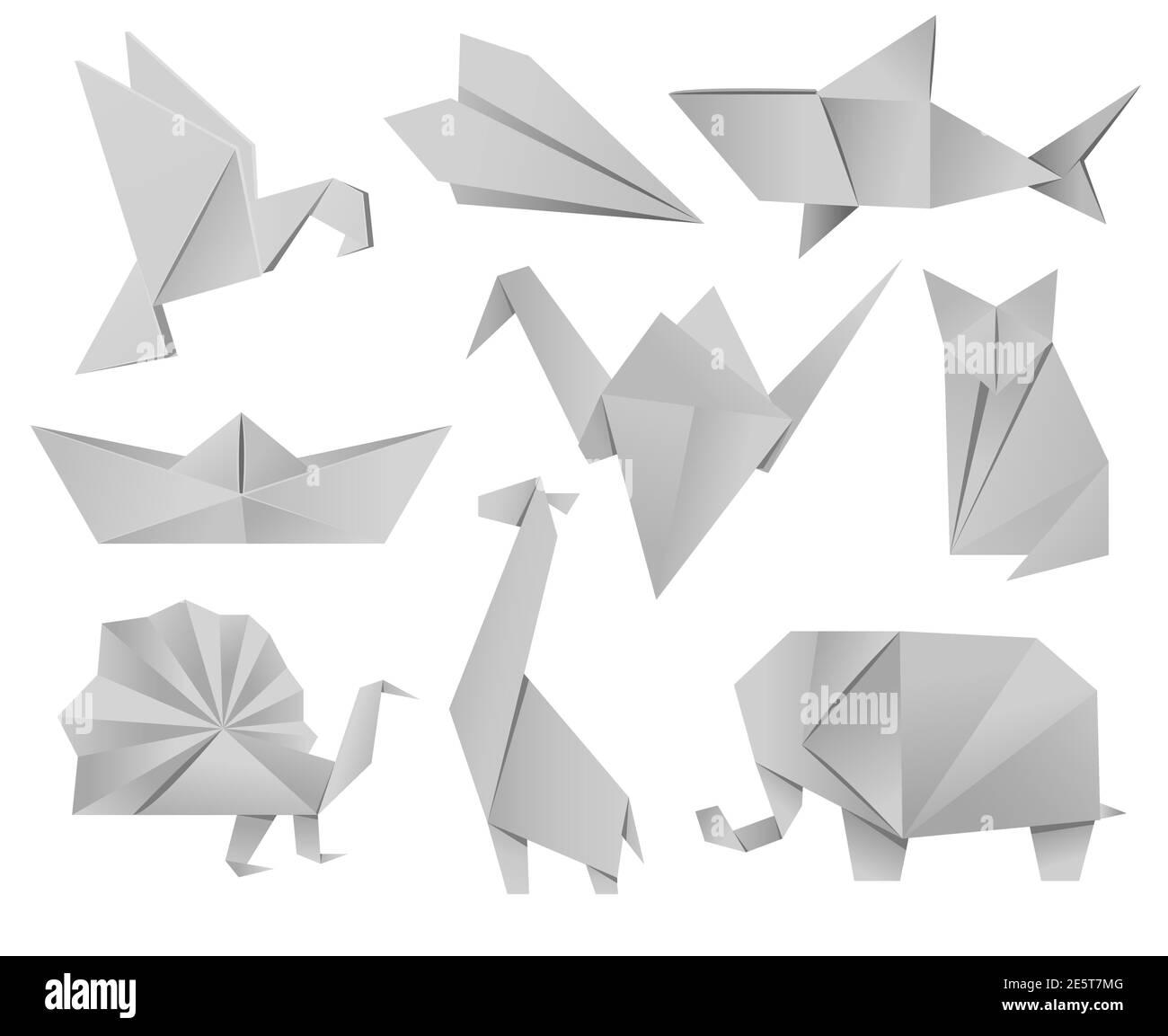 Origami Tiere Set - Vogel, Flugzeug, Kran, Pfau, Giraffe, Boot, Hai, Fuchs, Elefant. Die japanische Kunst des Faltens von Papierfiguren ist ein Hobby, Nadelarbeit. Welt-Origami-Tag, Tag Des Weißen Kranichs. Vektor Stock Vektor
