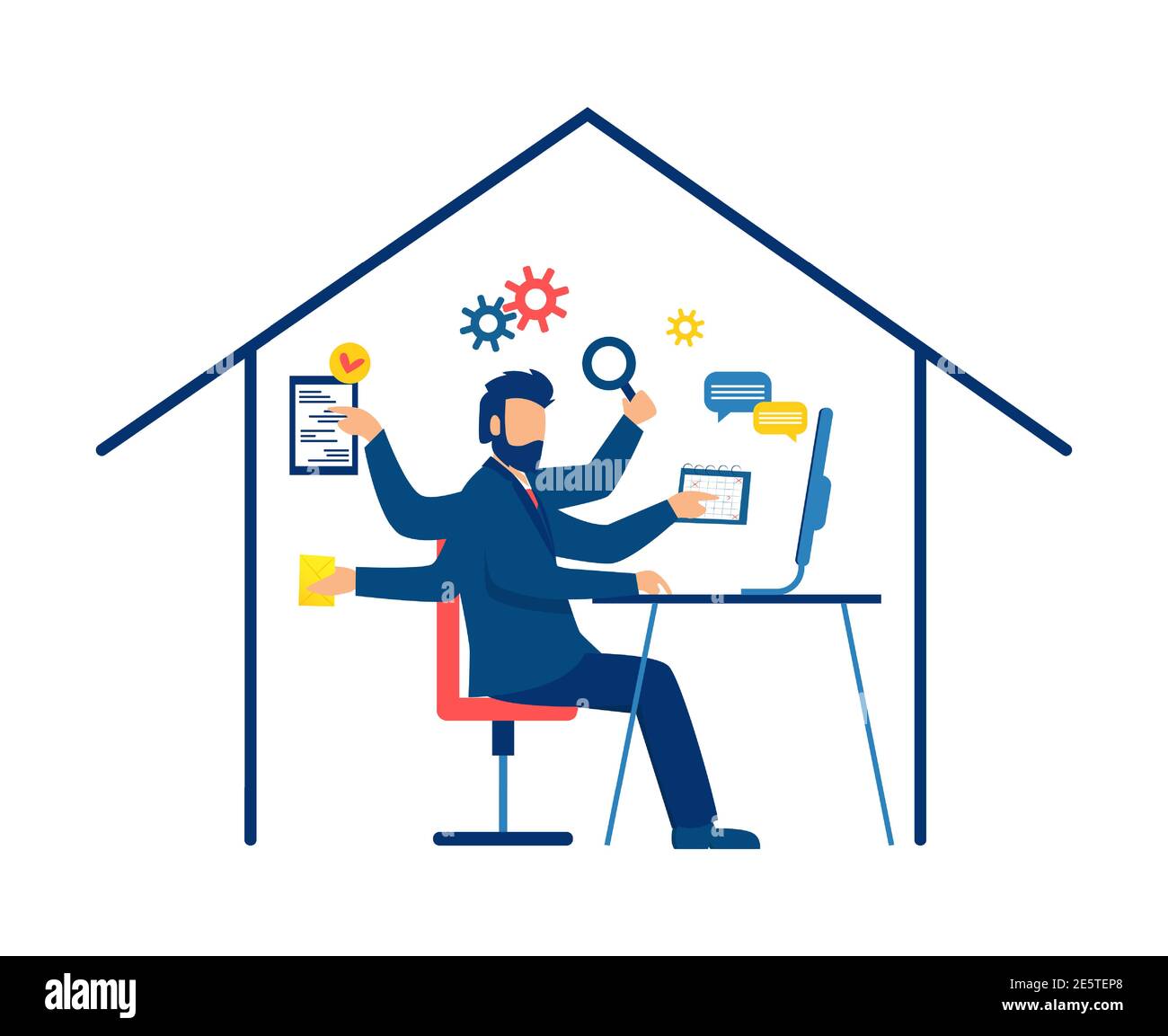 Vektor eines Multitasking-Business-Mannes, der von zu Hause aus arbeitet Stock Vektor
