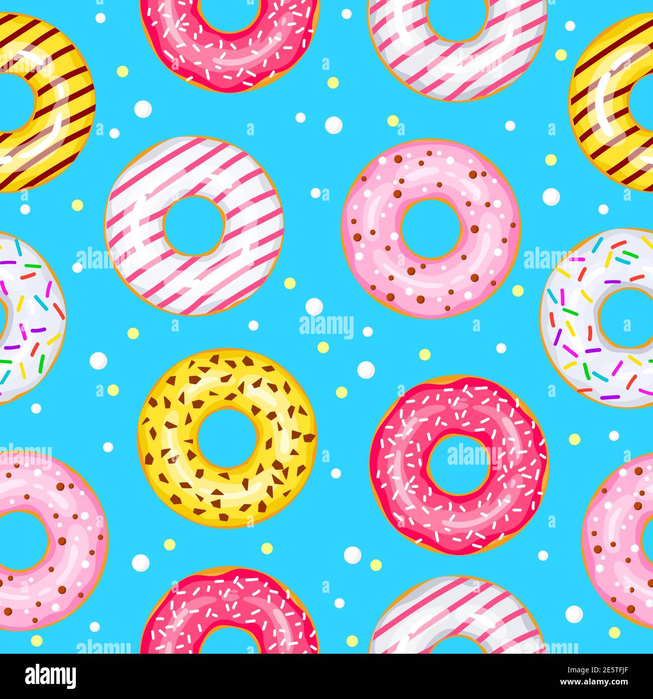 Donuts nahtlose Muster für Stoff, Geschenkpapier, Tapete, Hintergrund für die Website. Ein Muster aus hellen, mehrfarbigen Donuts in Glasur auf blauem Hintergrund. Stock Vektor