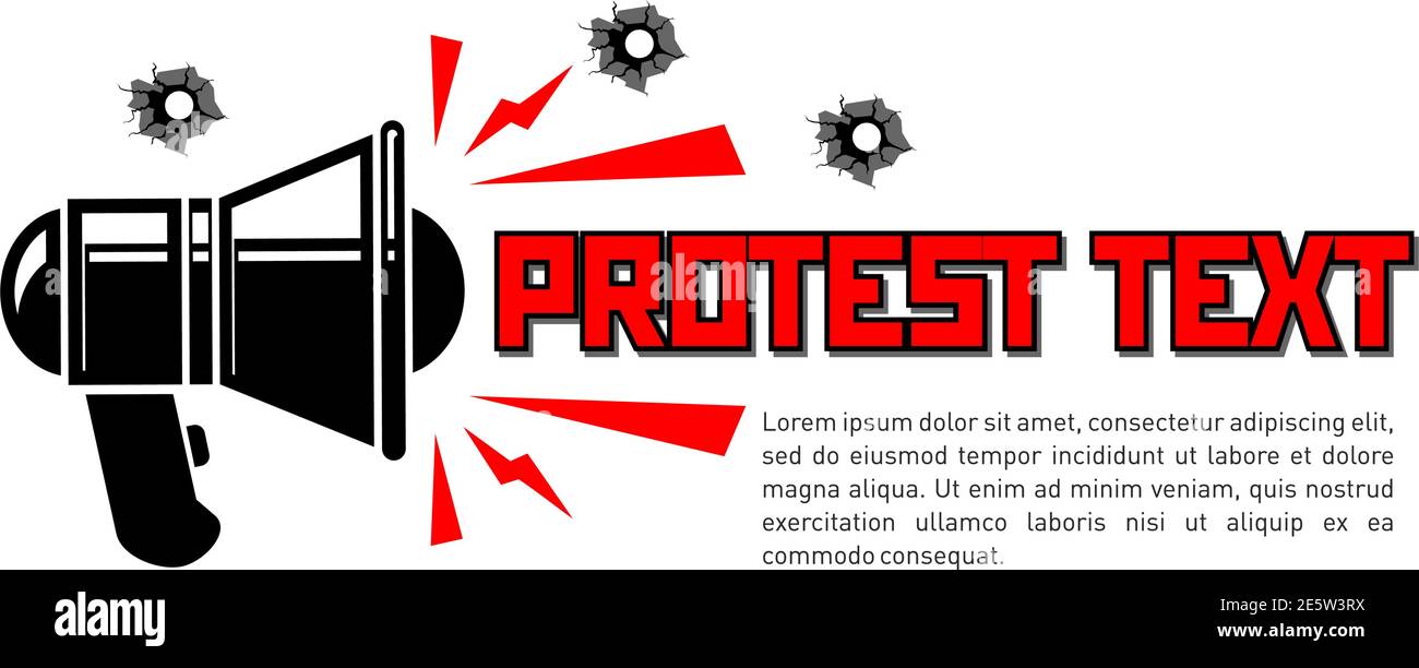 Megaphon mit Aufruf zum Protest. Flyer, Faltblatt mit Protesttext, Retro-Megaphon und Einschusslöchern. Vektor auf transparentem Hintergrund Stock Vektor
