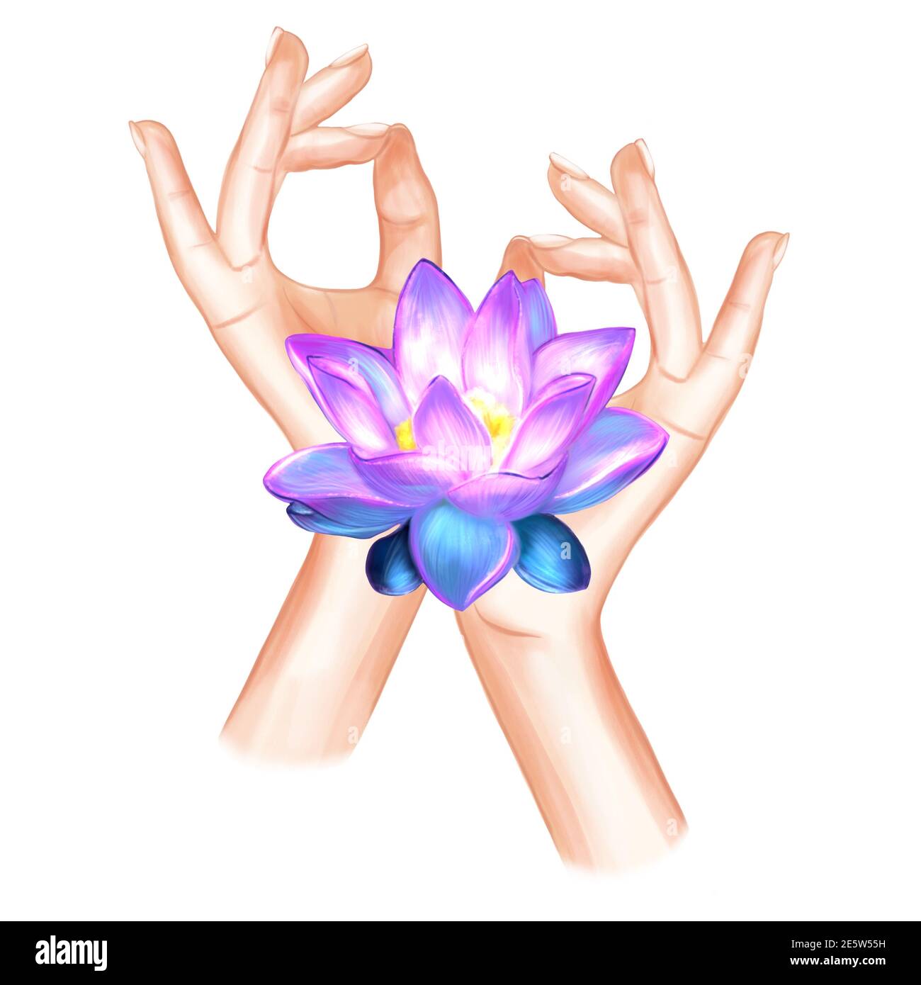 Hände in Yoga-Mudra mit Lotusblume. Gyan-Mudra-Illustration. Yogische Handbewegung. Kinn Mudra für das Bewusstsein Stockfoto